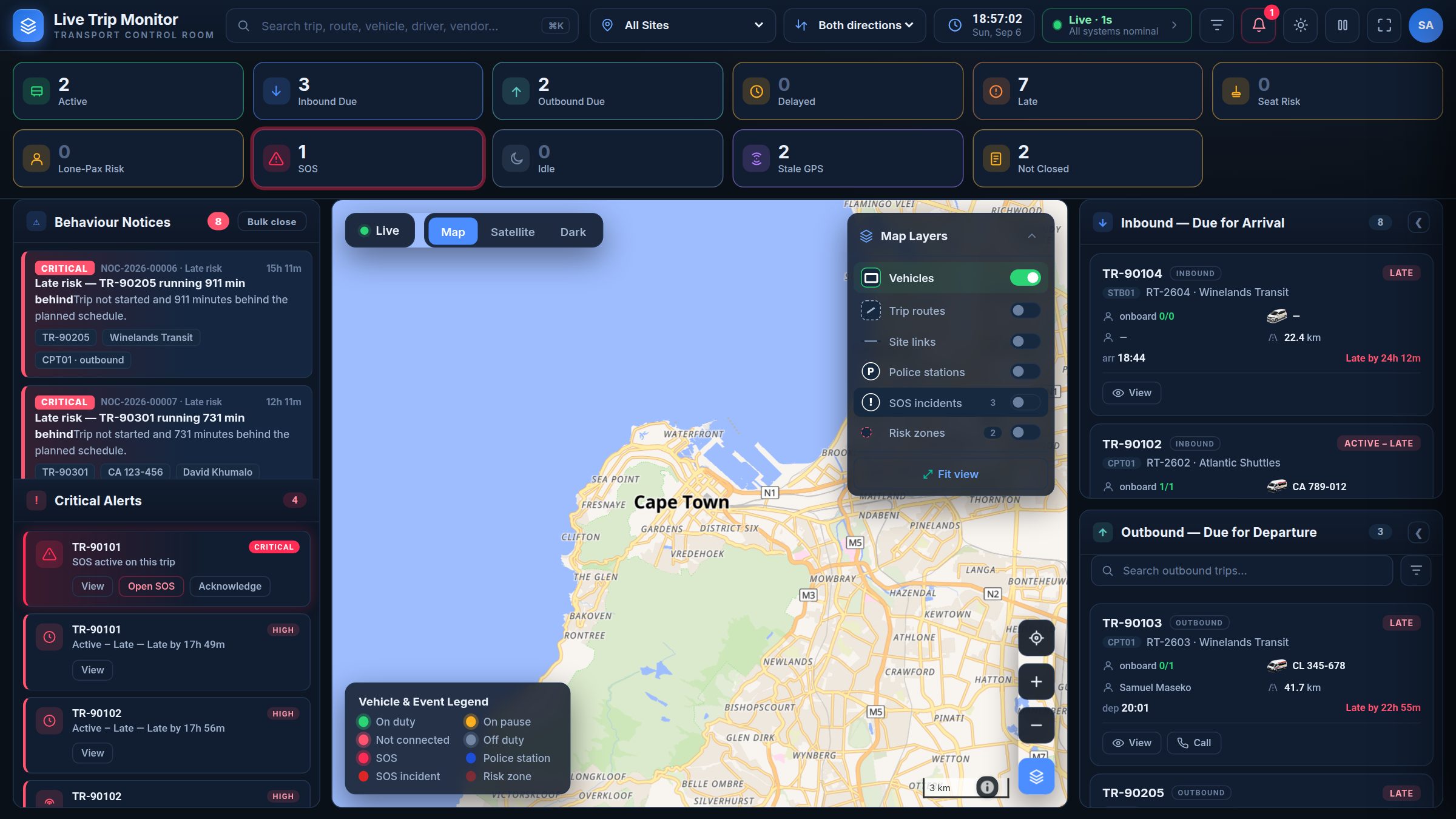 The tripi Live Trip Monitor: vehicles, incidents and risk zones on one live map